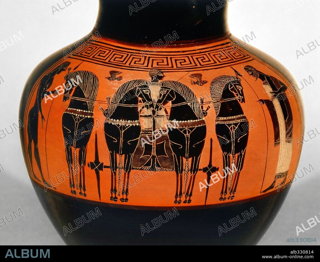 Greek black figure vase. Charioteer and horses.