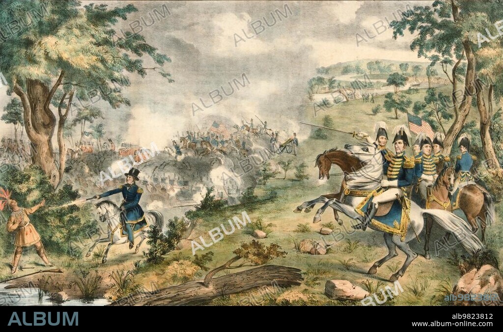The Battle of the Thames River, Battle of Moraviantown, 5 October 1813 between British Indian and American troops took place on the Thames River in Canada during the War of 1812 and ended in an American victory, Historical, digitally restored reproduction from an original of the period, The Battle of the Thames River, Battle of Moraviantown, 5 October 1813 between British Indian and American troops took place on the Thames River in Canada during the War of 1812 and ended in an American victory