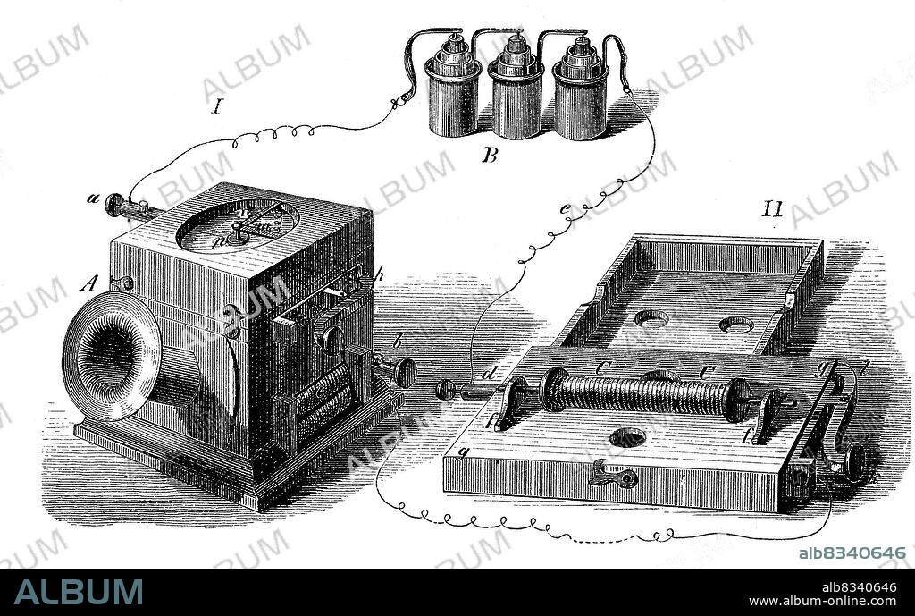 das erste Telefon, erfunden von Johann Philipp Reis im Jahres 1860 / the first telephone, invented by Johann Philipp Reis in 1860, Historisch, historical, digital improved reproduction of an original from the 19th century / digital restaurierte Reproduktion einer Originalvorlage aus dem 19. Jahrhundert, genaues Originaldatum nicht bekannt.