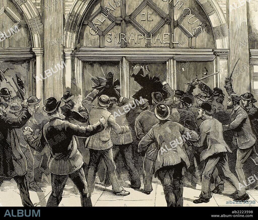 HISTORIA DE INGLATERRA. SIGLO XIX. Agitación Socialista en Londres (Inglaterra). Manifestantes alentados al robo y al saqueo por el dirigente socialista Burns en el míting de Trafalgar Square (8 de febrero de 1886), se dedican a asaltar tiendas de Picadilly. Grabado.