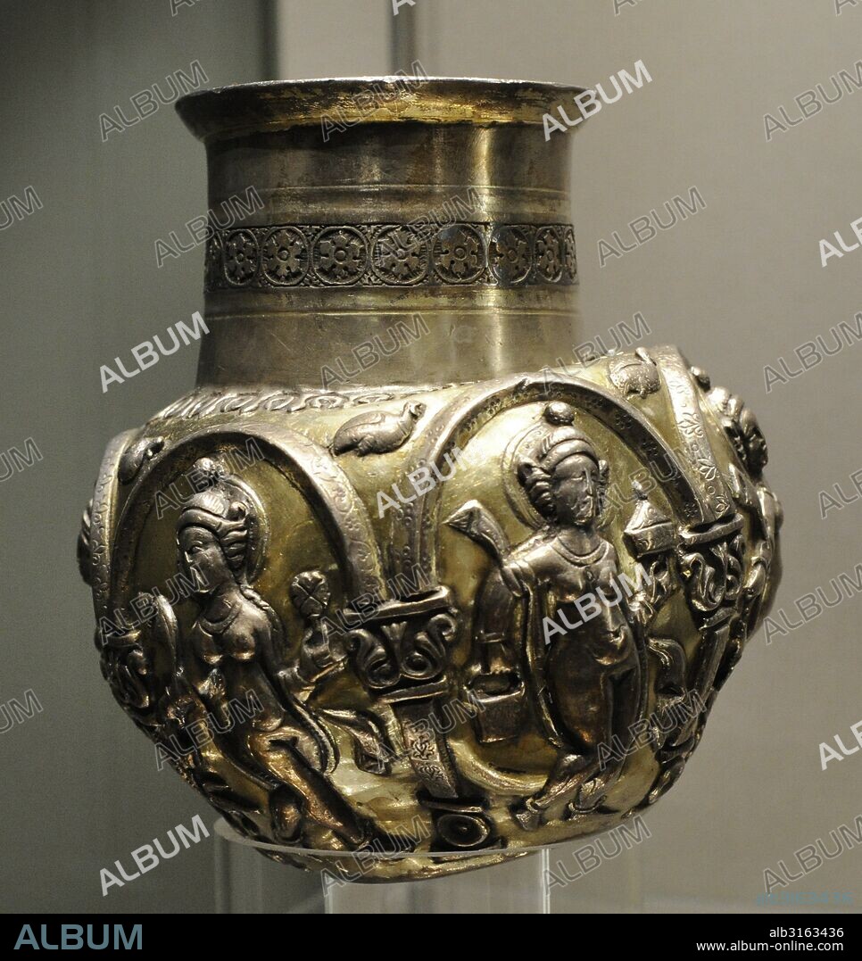 Sasanian art. Vase with female figures. Silver;chasing, gilding. Iran. 5th-6th centuries. Found a part of a treasure in Perm Region. The State Hermitage Museum. Saint Petersburg. Russia.