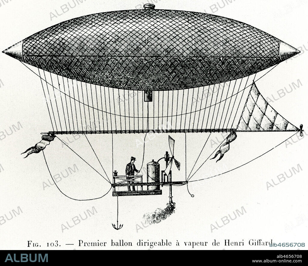 'Premier ballon dirigeable a vapeur de Henri Giffard'. Henri GIFFARD (1825-1882) est un ingenieur et aeroenaute francais. Le 24 septembre 1852, il parcourut 27 km de Paris a Trappes en 3 heures environ a bord du premier dirigeable pilote par une helice mue par un moteur a vapeur. Credit : Collection KHARBINE-TAPABOR.