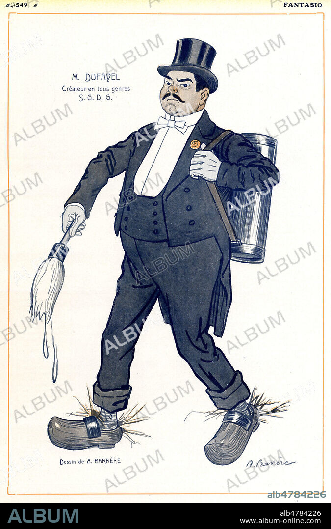 'M. Dufayel Createur en tous genre S. G. D. G.' Caricature d'Adrien BARRERE (1874-1931) pour Fantasio du 15 Decembre 1907. Credit : Collection KHARBINE-TAPABOR.