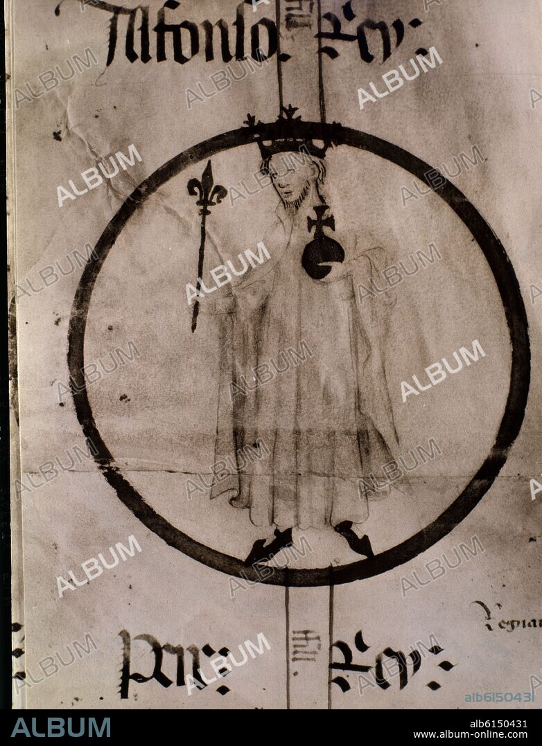 ALFONSO IV DE ARAGON EL BENIGNO (1299-1336) REY DE ARAGON DE VALENCIA DE CERDEÑA Y DE CORCEGA-CONDE DE BARCELONA Y DE URGEL-MANUSCRITO DE POBLET.