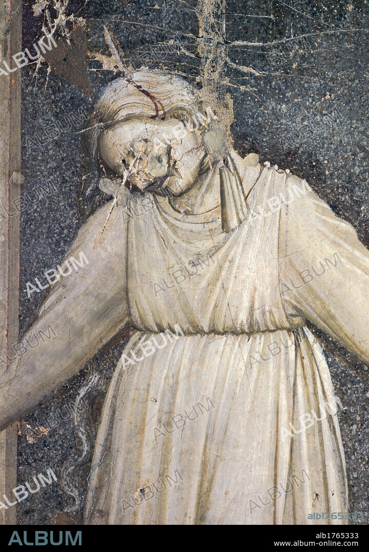 Allegories of Virtues and Vices, by Giotto, 1304-1306 about, 14th Century, fresco, cm 120 x 60. Italy, Veneto, Padua, Scrovegni Chapel. Detail. Allegories of the Virtues and Vices Despair Desperation DESPERATIO inscription monochrome hanged woman hanging death pain suffering drapery pleats folds dress tunic gray white black brown.