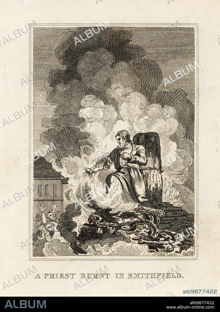 Thomas Cranmer, Archbishop of Canterbury, burnt at the stake for heresy, 1556. As the flames drew around him, he placed his right hand into the heart of the fire. A priest burnt in Smithfield market. Copperplate engraving from M. A. Jones History of England from Julius Caesar to George IV, G. Virtue, 26 Ivy Lane, London, 1836.
