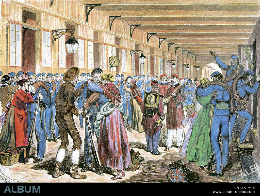 GUERRA DE CUBA (1868-1898). "EMBARQUE DE SOLDADOS PARA CUBA, EN LA ESTACION DEL MEDIODIA (MADRID) ". Grabado coloreado. La Ilustración Española y Americana, 1898.