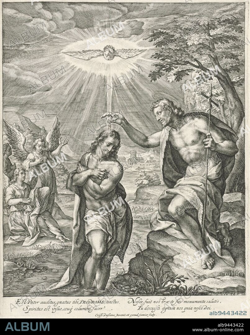 John the Baptist baptizes Christ in the Jordan River In the opened cloud cover the Holy Spirit in the form of a dove In the background three watching angels In the margin a four-line caption, in two columns, in Latin, Baptism of Christ, print maker: Crispijn van de Passe (II), (mentioned on object), Crispijn van de Passe (I), (mentioned on object), publisher: Crispijn van de Passe (I), (mentioned on object), unknown, 1604 - 1670, paper, engraving, h 244 mm × w 190 mm.