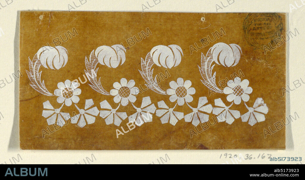 Design for an Embroidered or Woven Horizontal Border of the 'Fabrique de St. Ruf', Fabrique de Saint Ruf, Lyon, France, Brush and white gouache on glazed tracing paper, The repeat, four of which are shown, consists of a feather leaf rising from the left side of a blossom rosette from which two leave boughs hang downward., France, 18051815, Drawing, Drawing.