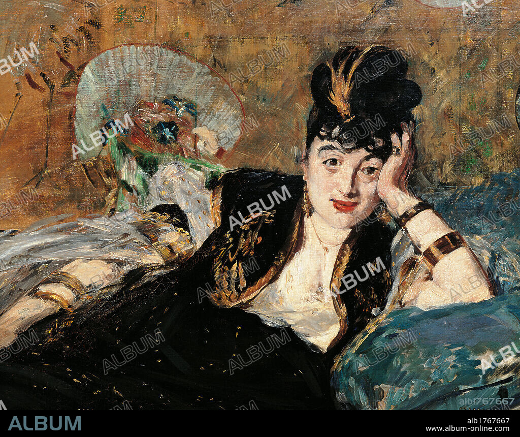 Woman with Fans (Nina de Callias), by Edouard Manet, 1873-1874 about, 19th Century, oil on canvas, cm 113,5 x 166,5. France, Ile de France, Paris, Muse dOrsay, RF2850. Detail. Lady fan Nina de Callias lying interior room woman dress black bracelet pillow bed.