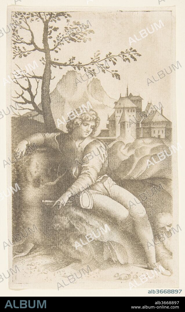 Young shepherd seated in a landscape looking toward an old man in the lower right, buildings in the background and a tree and mountain at left. Artist: Giulio Campagnola (Italian, Padua ca. 1482-ca. 1515/18 Venice); After (?) Giorgione (Italian, Castelfranco Veneto 1477/78-1510 Venice). Dimensions: Plate: 5 1/4 × 3 1/8 in. (13.3 × 7.9 cm)
Sheet: 5 7/16 x 3 1/4 in. (13.8 x 8.3 cm). Date: ca. 1509-12.