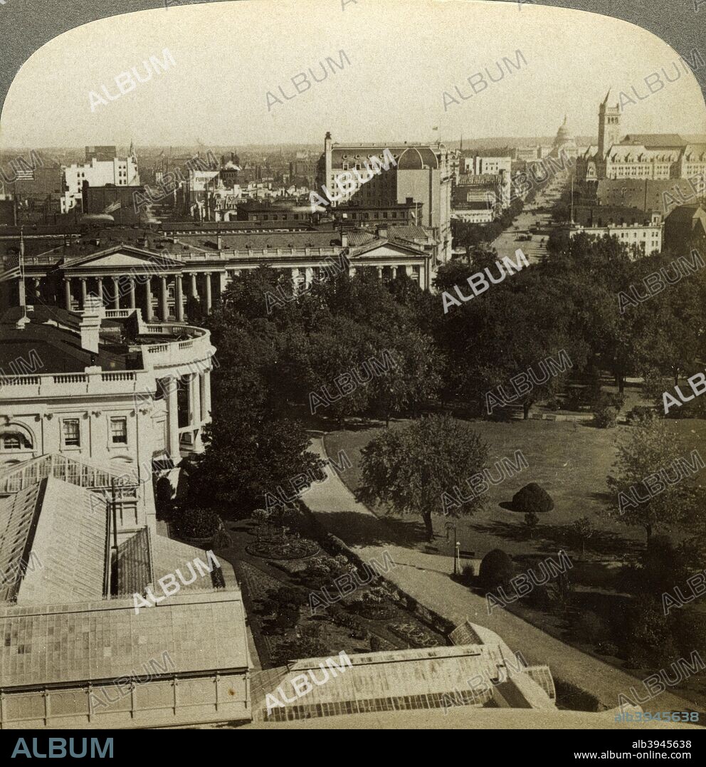 The White House and the Treasury Building, Washington DC, USA. Stereoscopic card detail.