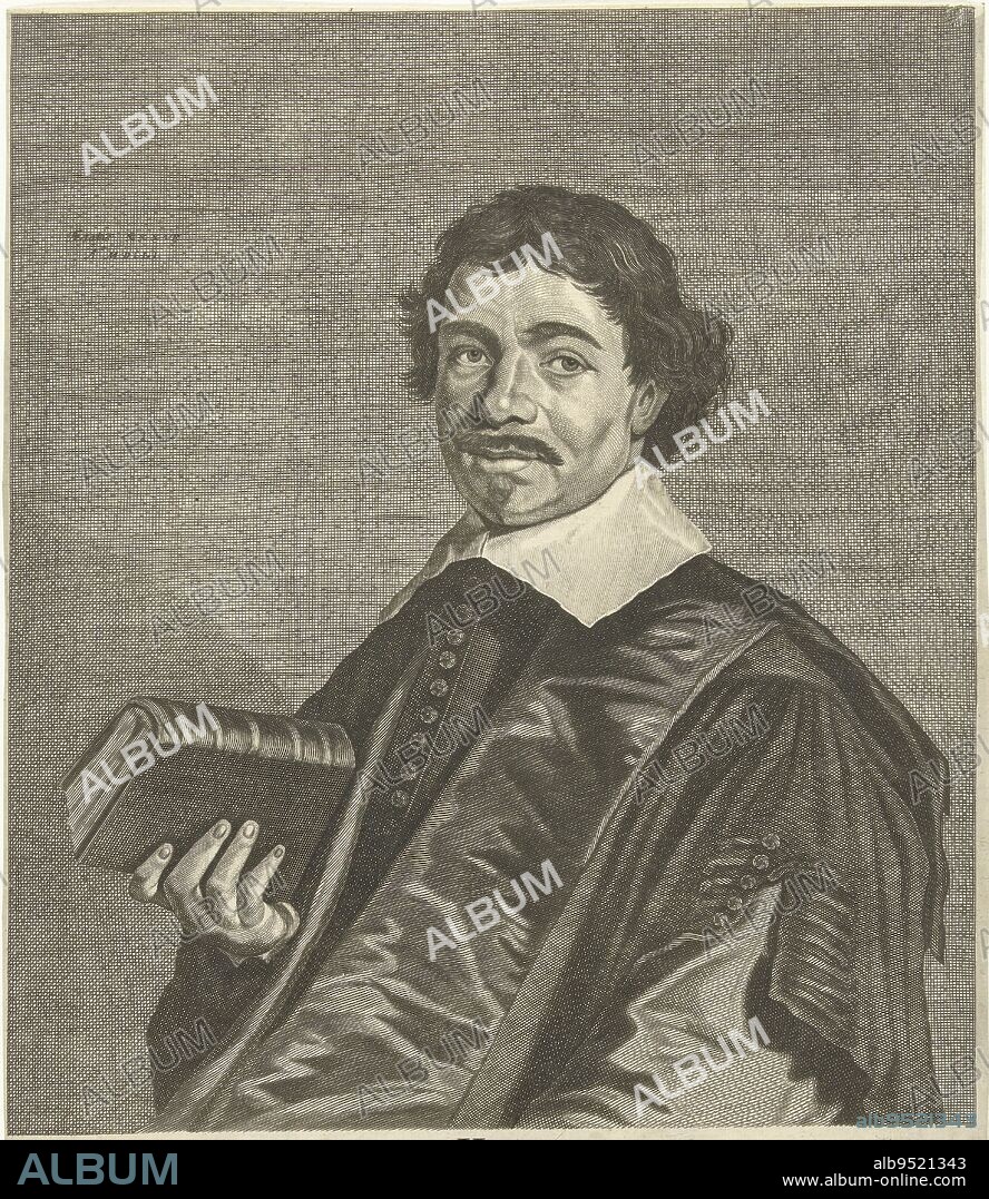 Portrait of Johannes Hoornbeeck at age 34, print maker: Jan Brouwer, (mentioned on object), Jonas Suyderhoef, after: Frans Hals, Amsterdam, c. 1651 - c. 1671, paper, engraving, h 320 mm × w 255 mm.