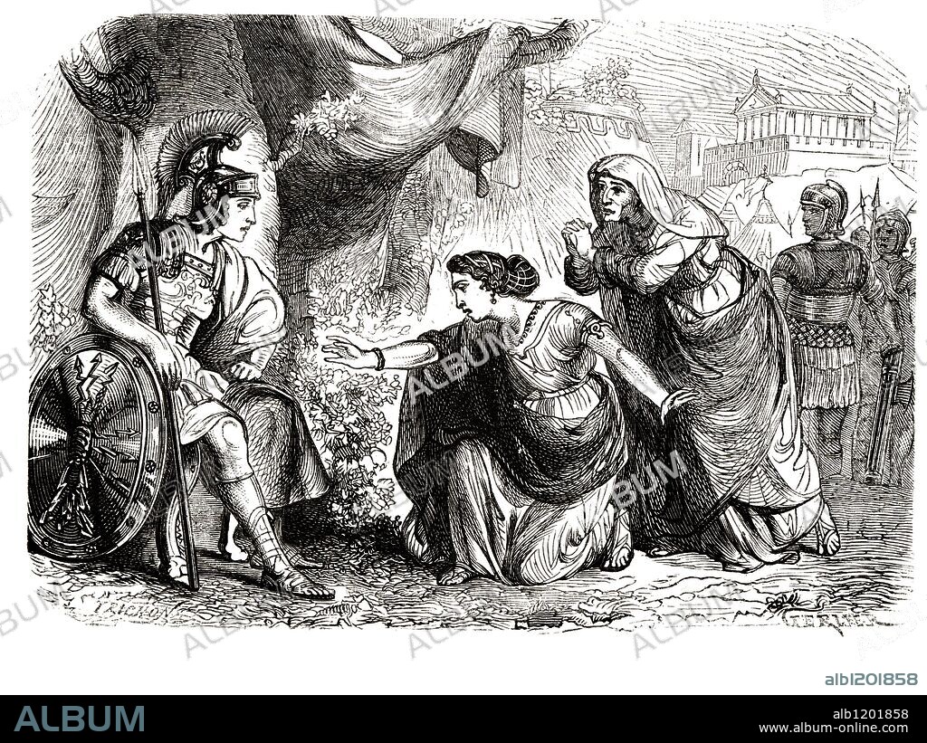 Cayo Marcio Coriolano (siglo V a.JC). General romano. Condenado al exilio entre los Volscos, los mandó contra Roma. A ruegos de su madre Veturia y de su esposa Volumnia, se retiró con su ejército. Grabado de 1866.