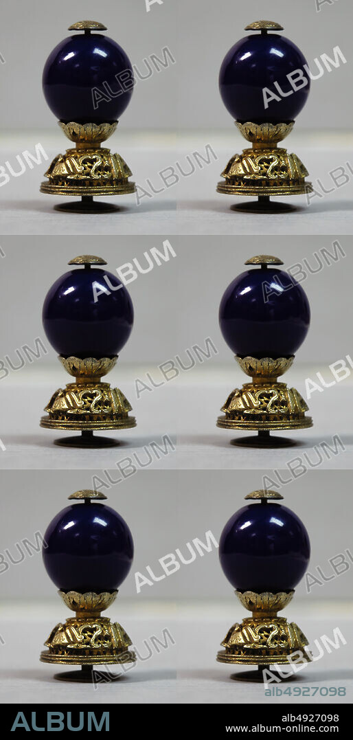 Hat Finial, China, Qing dynasty (16441911), Culture: China, Glass top on gilded-metal base, H. with stand 2 3/8 in. (6 cm); W. with stand 1 1/4 in. (3.2 cm); Diam. of spherical finial 1 1/8 in. (2.9 cm), Jewelry.