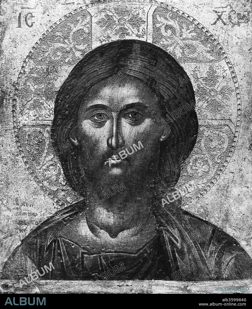 EMMANUEL TZANES. Head of Christ. Artist: Emmanuel Tzanès (Greek, active by 1636-died 1690). Dimensions: 8 3/8 x 7 1/8 in. (21.3 x 18.1 cm).
These exquisitely detailed images of the Virgin [33.79.15] and Christ are by one of the greatest artists of the post-Byzantine period, Emmanuel Tzanès, who worked on the island of Crete. They are arranged on the left and right, as is standard on templons and later on the iconostasis. Their poses and dress follow the Byzantine tradition. The elaborate detailing of the halos reflects contemporary Western influence.