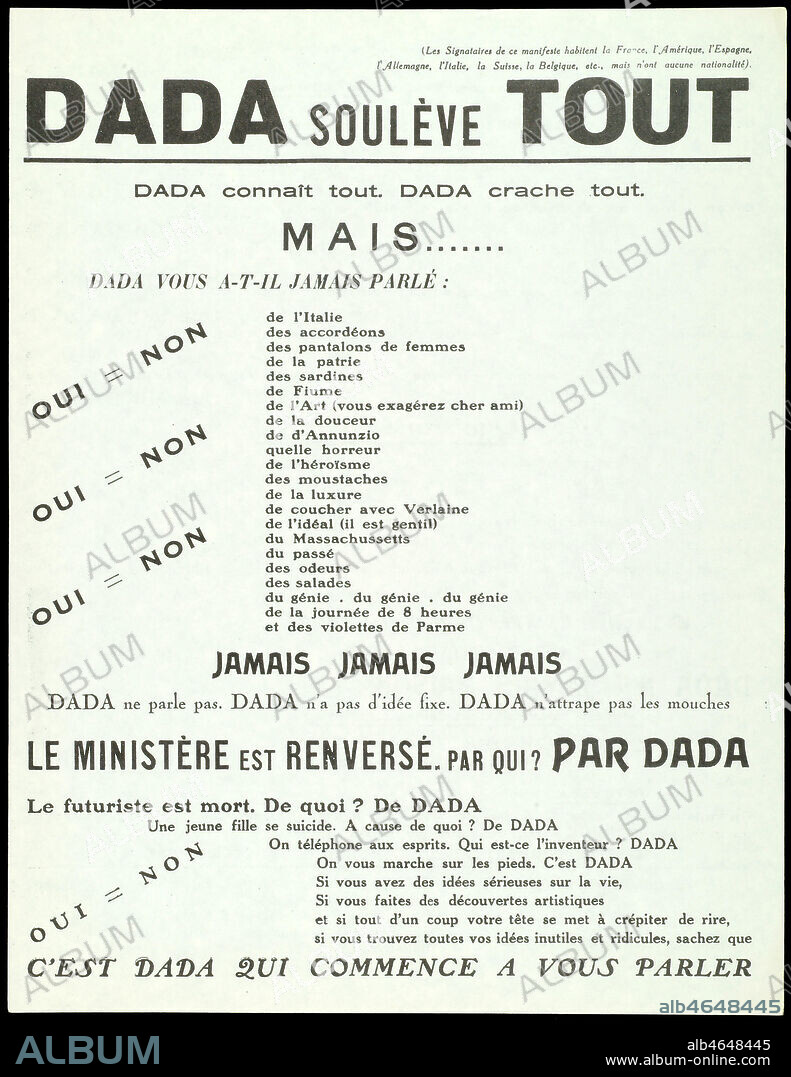 Couverture d'un tract DADA: 'DADA souleve TOUT'. 12 janvier 1921, Edition 'Au sans pareil' signe de Andre BRETON (1896-1966), TZARA, Philippe SOUPAULT, ARAGON, Man RAY, PICABIA, Paul ELUARD, ARENSBERG, Max ERNST, M. et Suzanne DUCHAMP, ARP, Marguerite et Gabriel BUFFET Credit: Coll. VAV/ Kharbine Tapabor.