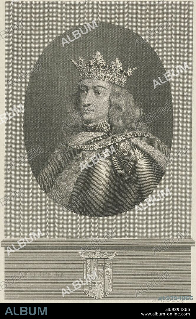 Portrait of Philip the Handsome, Archduke of Austria, Duke of Burgundy. Around the neck the chain with the Golden Fleece. In the margin his name and coat of arms, Portrait of Philip the Handsome, print maker: Jan Frederik Christiaan Reckleben, (mentioned on object), Amsterdam, 1847 - 1849, paper, etching, engraving, h 249 mm × w 167 mm.