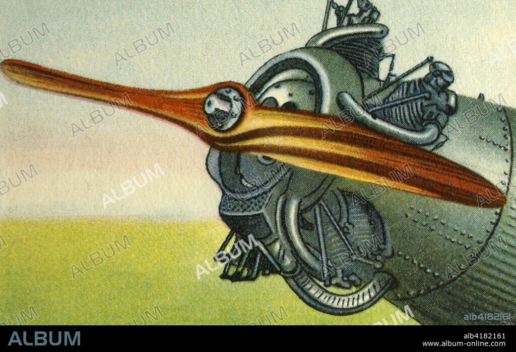 Wooden aircraft propeller made by the Hugo Heine Propeller-Werk company, 1932. From "Die Eroberung Der Luft", (The Conquest of the Air), cigarette card album produced by the Garbáty cigarette factory, 1932. Eugene and Moritz Garbáty, who were Jewish, were driven out of business by the Nazis in the late 1930s, and forced to sell their factory which lay empty for over 70 years. [Garbaty Cigarettenfabrik, Berlin-Pankow, 1932].