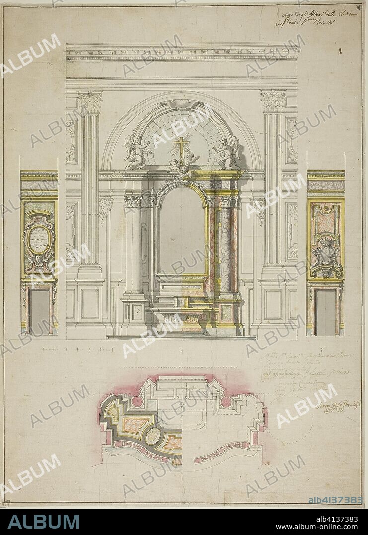 Design for an Altar in the Church of the Confraternity of Santissima Trinita, Turin. Filippo Juvara; Italian, 1678-1736. Date: 1724-1736. Dimensions: 614 x 445 mm. Pen and black ink, with brush and gray wash, and watercolor, over graphite, on buff laid paper. Origin: Italy.