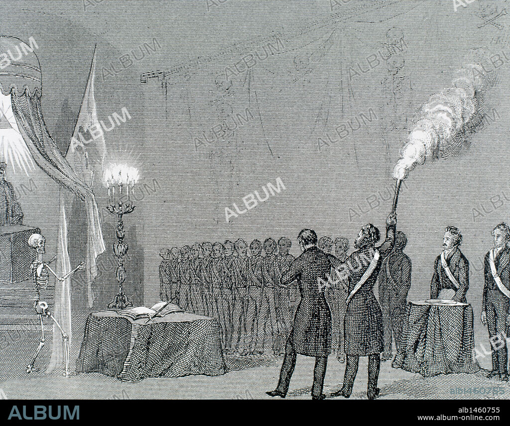 Secret Societies (nineteenth century). Initiation ceremony of a new member. Engraving.