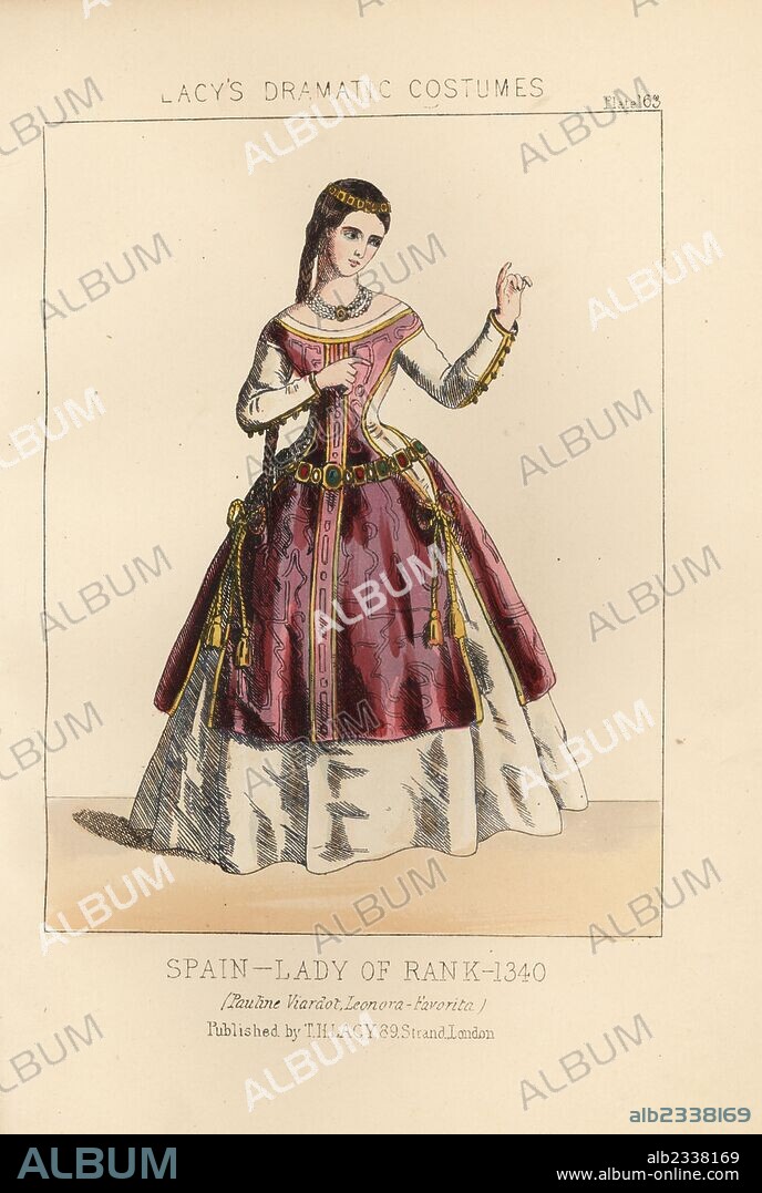 Madame Pauline Viardot-Garcia as Leonora in Gaetano Donizetti's "Favorita," 1840,as a Spanish lady of rank, circa 1340. Viardot was a French mezzo-soprano and composer. Handcoloured lithograph from Thomas Hailes Lacy's "Female Costumes Historical, National and Dramatic in 200 Plates," London, 1865. Lacy (1809-1873) was a British actor, playwright, theatrical manager and publisher.