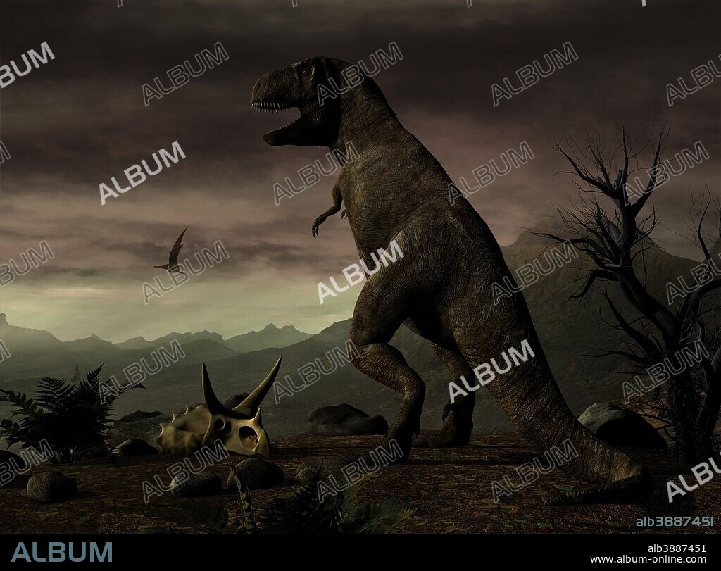 An old-fashioned depiction of Tyrannosaurus Rex in upright stance.