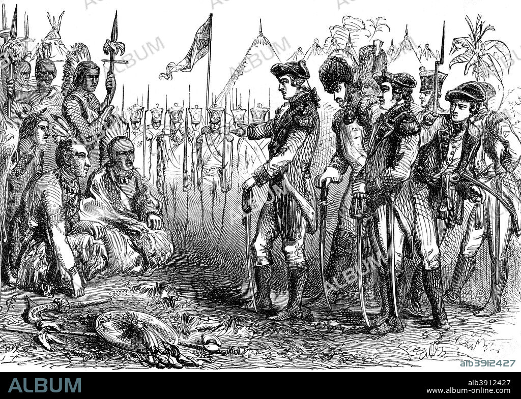 General Burgoyne addressing the Indians, 1777 (c1880). John Burgoyne was given command of British forces in Canada in 1777. He planned to march on Albany, New York, then on to New York itself. He believed that the Native American populace and large numbers of loyalists would support his campaign and that the American Revolutionary War could be quickly and decisively ended in Britain's favour. His campaign, which ended with defeat at the Battle of Saratoga, proved his beliefs to be ill-founded. A print from Cassell's History of the United States, by Edmund Ollier, Volume II, Cassell Petter and Galpin, London, c1880.