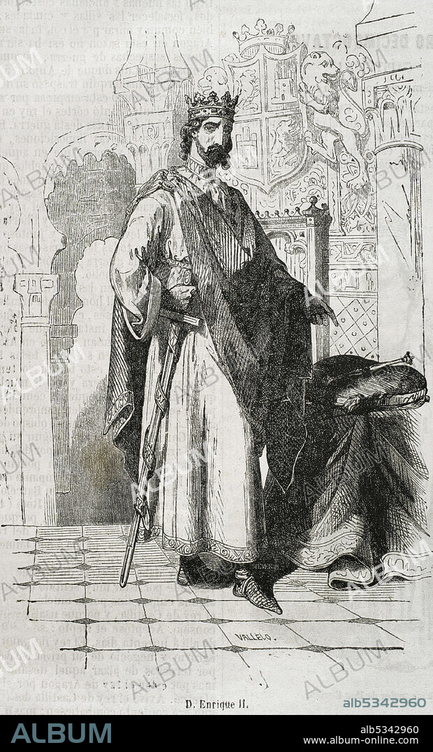 Enrique II de Castilla, también conocido como Enrique el Trastámara, llamado el Fraticida (1334-1379). Fue el primer rey de Castilla-León de la Casa de Trastámara. Grabado. Historia General de España por el Padre Mariana. Madrid, 1852.
