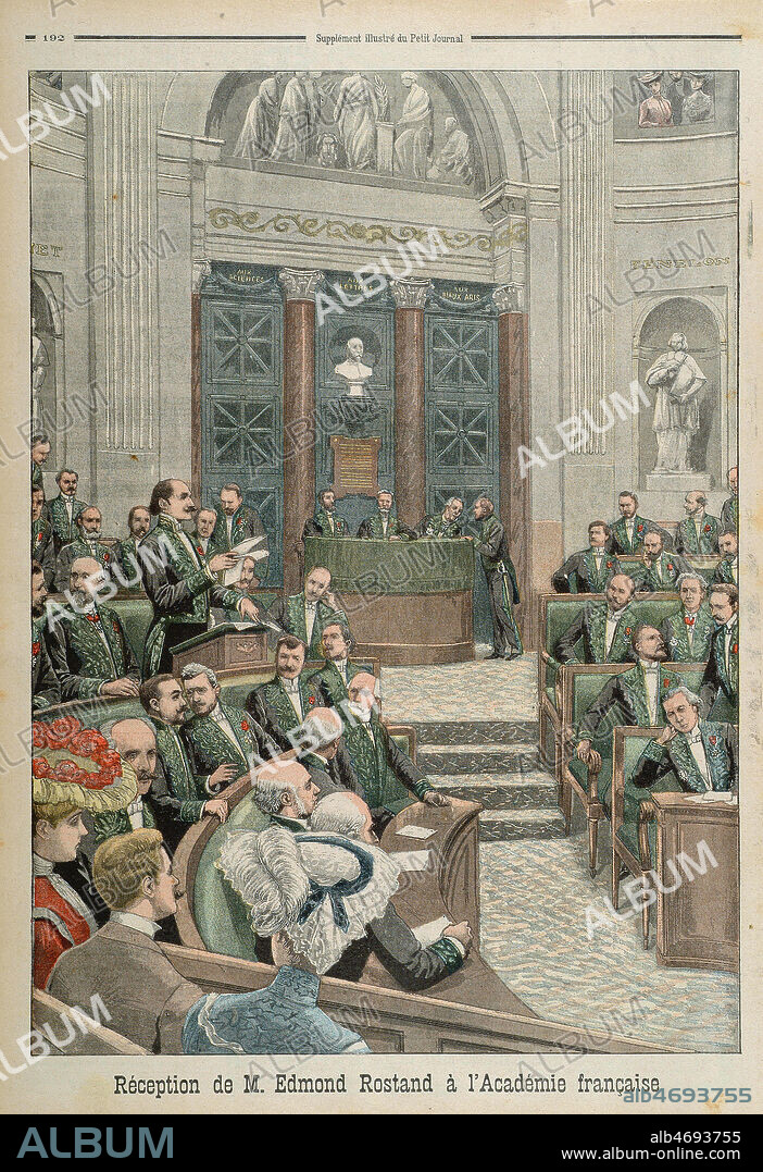'Reception de M. Edmond Rostand a l'Academie francaise'. Le dramaturge Edmond Rostand (1868-1918) est elu a l'Academie le 30 mai 1901, en remplacement d'Henri Bornier (1825-1901), et recu en juin 1903 par Eugene-Melchior Vogue (1848-1910), lui-meme elu a l'Academie en 1888. Edmond Rostand fut notamment l'auteur de 'Cyrano de Bergerac', 'Les romanesques', la 'Samaritaine' et 'L'aiglon'. Illustration de presse (chromotypographie) dans Le Petit Journal (14/06/1903). Credit : Collection Kharbine-Tapabor.