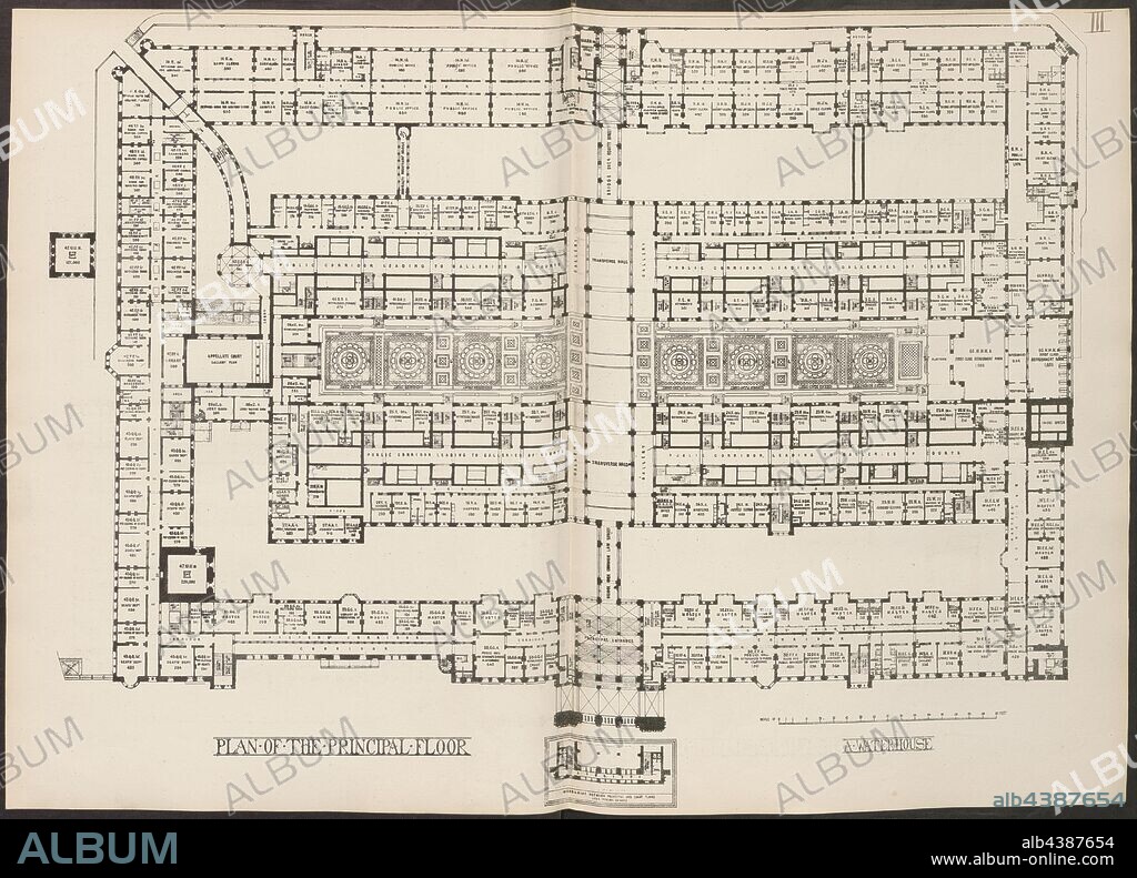 Plan of the Principal Floor, Plan of the Main Courtyard of the Royal Courts of Justice in London after Alfred Waterhouse, Plate III, after p. 24, Alfred Waterhouse: General description of design: courts of justice competition. London: printed by George E. Eyre and William Spottiswoode: Her Majesty's Stationery Office, 1867.