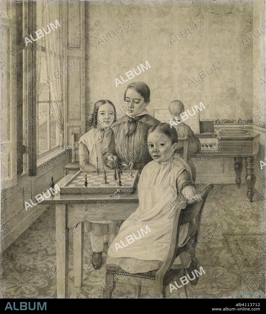 The three children of Christian Heinrich Gottlieb Steuerwald in an interior. Draughtsman: Christian Heinrich Gottlieb Steuerwald. Dating: 1848. Measurements: h 585 mm × w 518 mm.