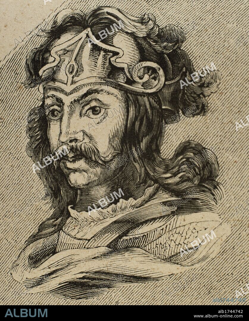 CHINTILA. Rey visigodo (636 a 640). Elegido por los prelados y nobles según las leyes hechas en el reinado anterior. Grabado.