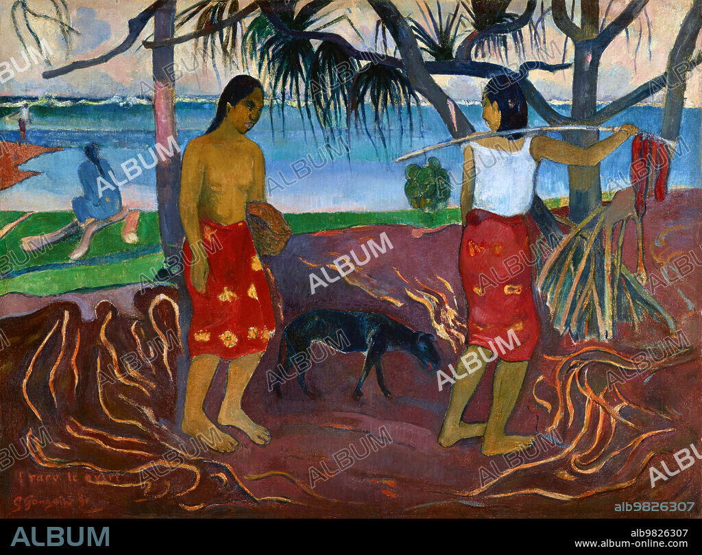 Tahiti: 'I Raro Te Oviri' (Under the Pandanus). Oil on canvas painting by Paul Gauguin (7 June 1848 - 8 May 1903), 1891.<br/><br/>. Paul Gauguin was born in Paris in 1848 and spent some of his childhood in Peru. He worked as a stockbroker with little success, and suffered from bouts of severe depression. He also painted. In 1891, Gauguin, frustrated by lack of recognition at home and financially destitute, sailed to the tropics to escape European civilization and 'everything that is artificial and conventional'. His time there was the subject of much interest both then and in modern times.