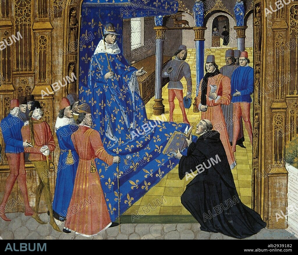 JUAN II "el Bueno" (Castillo de Gué de Maulny, 1319-Londres, 1364). Rey de Francia (1350-1364). Hijo y sucesor de Felipe VI. Miniatura con la representación de "EL REY JUAN II LLAMADO EL BUENO RECIBE DE PIERRE DE BERSUIRE LA TRADUCCION DE TITO LIVIO". Castillo de Chantilly. Francia.