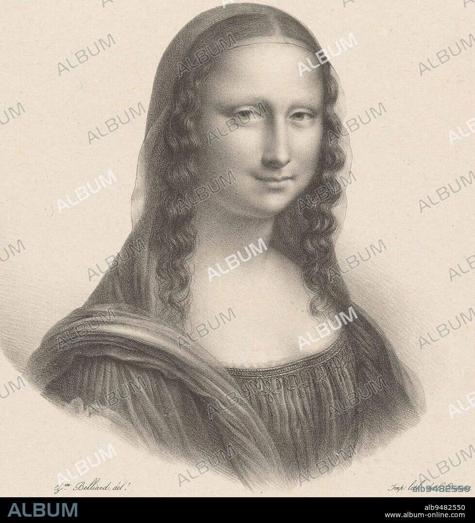Portrait of Mona Lisa La Joconde , print maker: Zéphirin Félix Jean Marius Belliard, (mentioned on object), after: Leonardo da Vinci, (mentioned on object), printer: Charles Louis Constans, (mentioned on object), after: Florence, printer: Paris, c. 1824, paper, h 468 mm - w 341 mm.