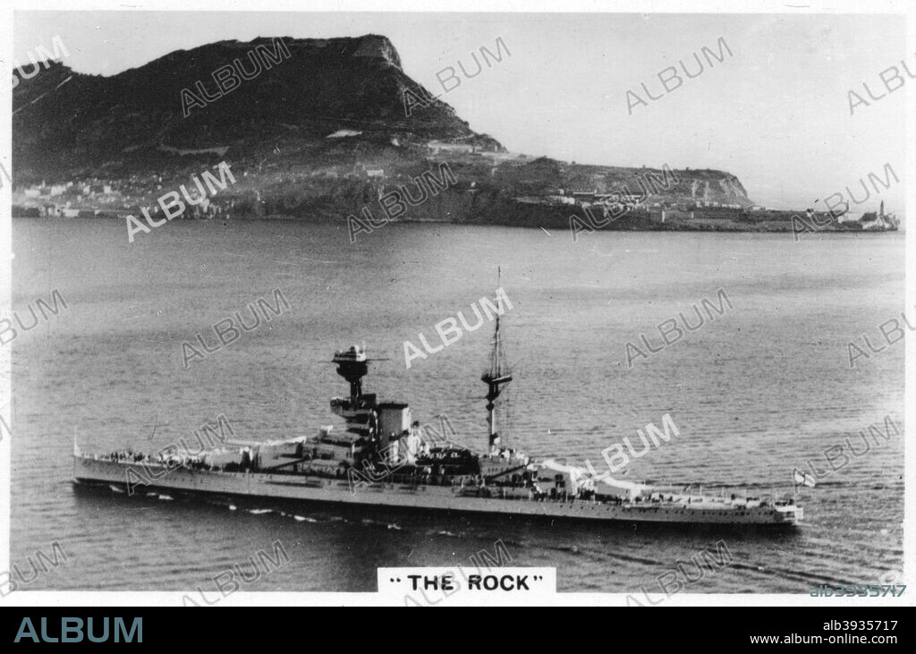 Battleship HMS 'Revenge' off Gilbralter, 1937. HMS 'Revenge' saw action in both World Wars. Cigarette card from The Navy series, produced by Senior Service Cigarettes, 1937.