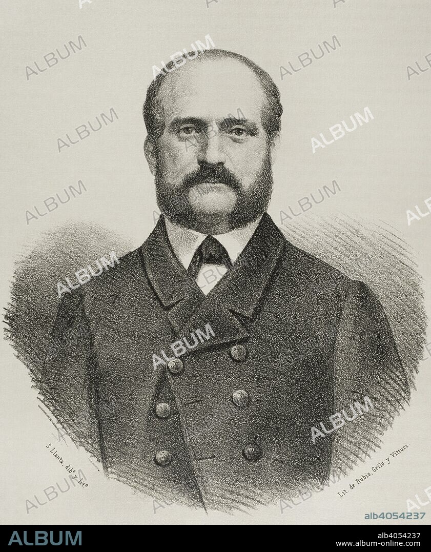 Juan Bautista Topete (1821-1885). Marino, militar y político español, vicealmirante de la Armada Española y héroe de la Guerra del Pacífico. Dibujo por Llanta. Retrato. Litografía. Crónica General de España, Historia Ilustrada y Descriptiva de sus Provincias. Andalucía, 1867. Biblioteca Histórico Militar de Barcelona, Cataluña, España.
