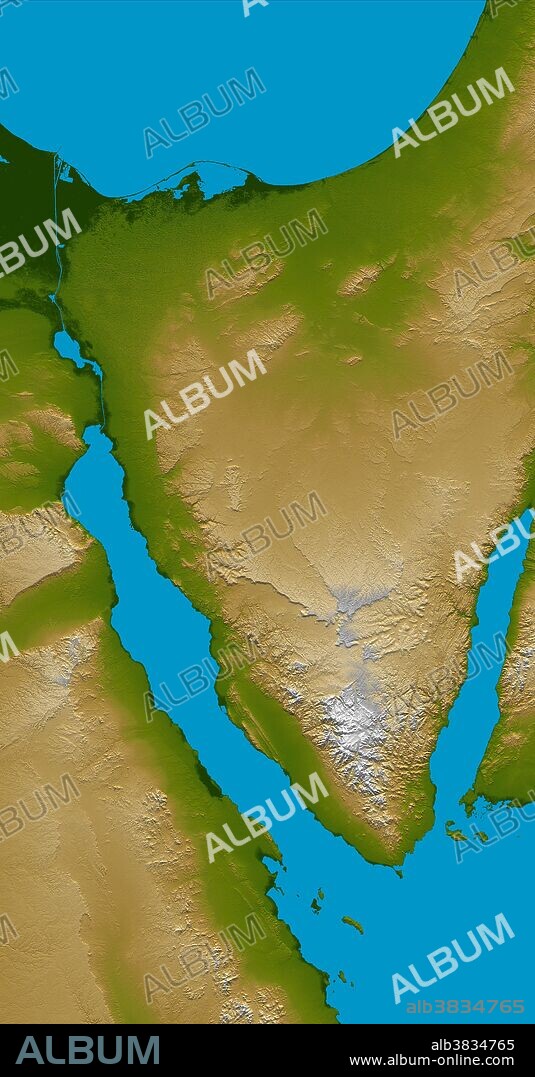 The Sinai Peninsula, located between Africa and Asia, is a result of the two continents pulling apart from each other, creating the two northern branches of the Red Sea, the Gulf of Suez to the west (left), and the Gulf of Aqaba to the east (right). This color-coded shaded relief image shows the triangular nature of the peninsula, with the coast of the Mediterranean Sea forming the northern side of the triangle. The Suez Canal can be seen as the narrow vertical blue line in the upper left connecting the Red Sea to the Mediterranean. Two visualization methods were combined to produce the image: shading and color coding of topographic height. The shade image was derived by computing topographic slope in the northwest-southeast direction, so that northwest slopes appear bright and southeast slopes appear dark. Color coding is directly related to topographic height, with green at the lower elevations, rising through yellow and tan, to white at the highest elevations. Elevation data used in this image were acquired by the Shuttle Radar Topography Mission aboard the Space Shuttle Endeavour, launched on Feb. 11, 2000.
