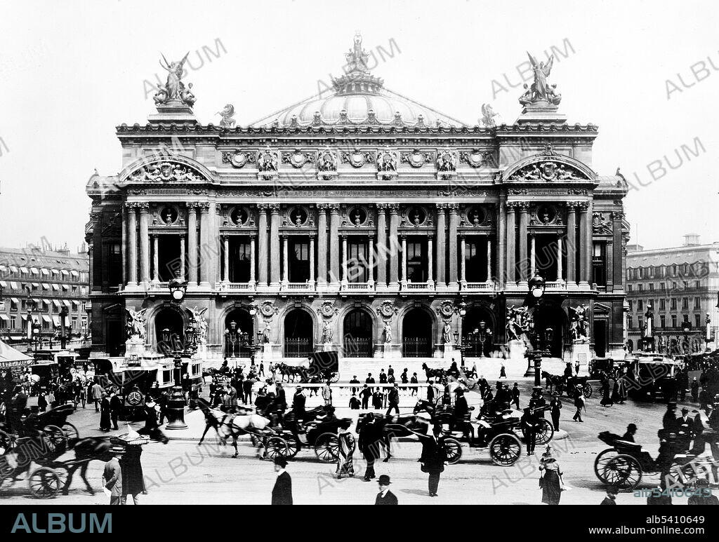 The Palais Garnier is a 1,979-seat opera house in Paris, France. The opera was constructed in what the architect Charles Garnier called the Napoleon III style; highly eclectic, and borrowing elements from the Baroque, the classicism of Palladio, and Renaissance architecture blended together. These were combined with axial symmetry and modern techniques and materials, including the use of an iron framework. The facade and the interior followed the Napoleon III style principle of leaving no space without decoration. No photographer credited, undated.
