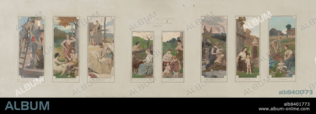 ALEXANDRE SEON. Sketch for the salle des fêtes in the town hall at Courbevoie : Festival, Rest, Labour, Young Woman, Mother, Duty, Grandmother, Education, 1884. (Esquisse pour la salle des fêtes de la mairie de Courbevoie : Jour de fête. Le repos. Le travail. La jeune fille. La mère. Dévouerment. L'aïeule. L'éducation).
