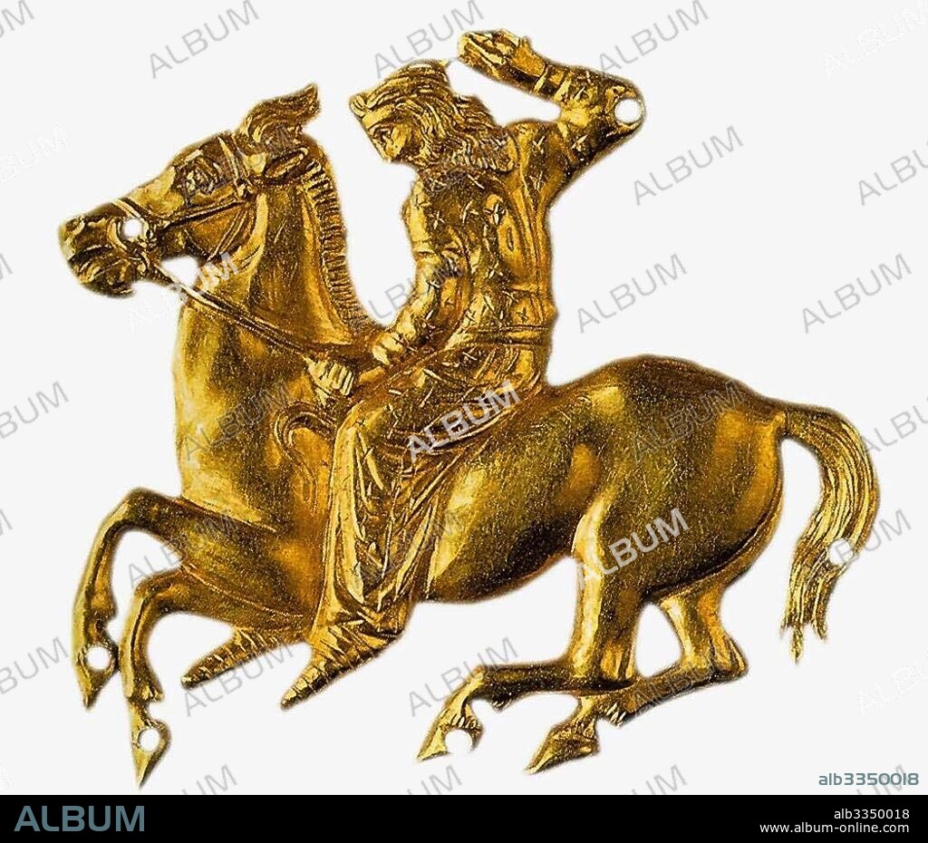 SCYTHIAN ART. Gold plaque in the form of a scythian on horseback.