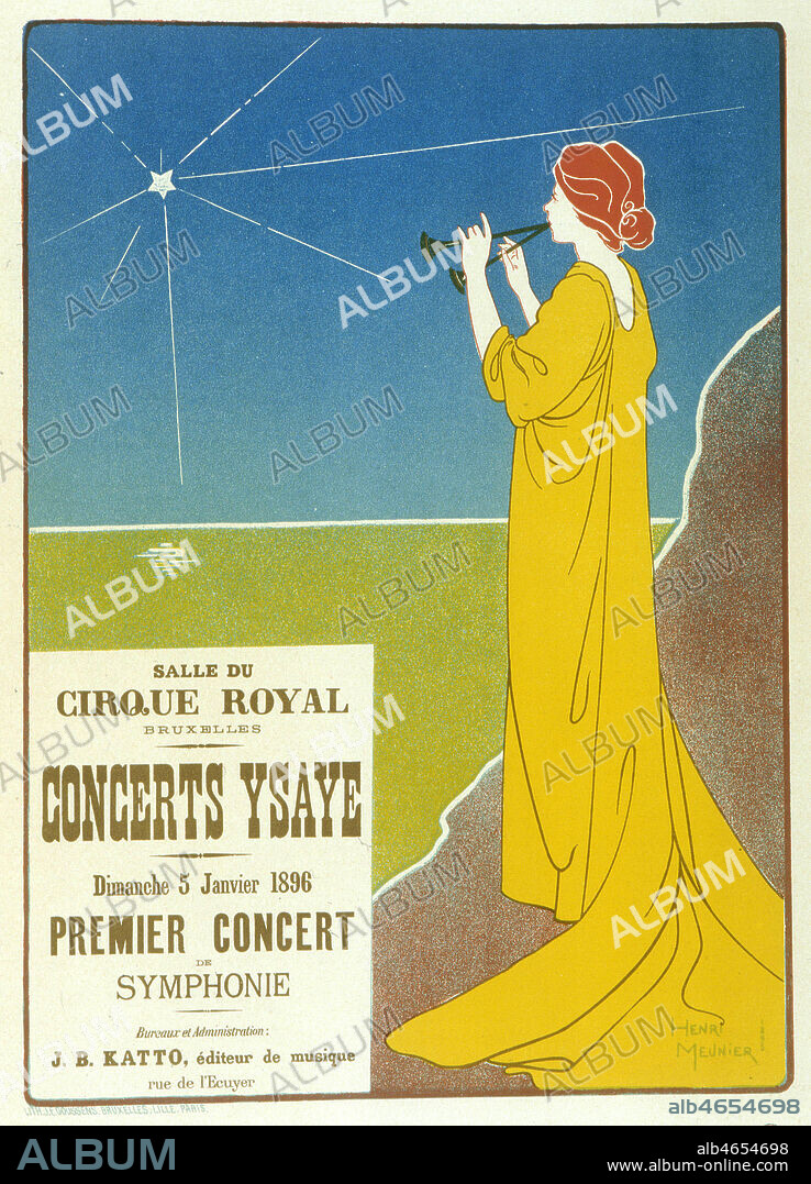 Femme rousse avec une double flute, EUTERPE muse de la Musique, dans la mythologie grecque. Affiche belge de Henri MEUNIER (1873-1922) pour des 'Concerts Ysaye' dans la salle du Cirque Royal a Bruxelles, en 1895. Credit : Collection KHARBINE-TAPABOR.