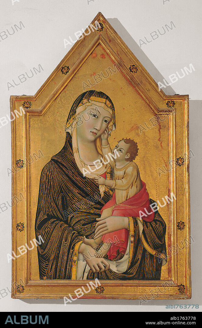 Madonna of Montelabate, by Leo da Siena, 14th Century, panel,. Italy, Umbria, Perugia, National Gallery of Umbria. All. Madonna St Mary Virgin Baby Jesus Child Jesus Christ Child table gold drape cloth. Authorization required for non editorial use.