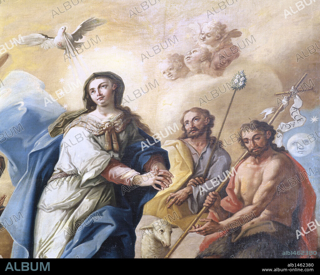 ARTE S. XVIII. ESPAÑA. JOSE LUZAN (Zaragoza, 1710-1785). Pintor español formado en Italia, gracias al mecenazgo de la familia Pignatelli, aristócratas aragoneses. "INMACULADA CON SAN JUAN BAUTISTA, SAN JOSE, SAN JOAQUIN Y SANTA ANA" (1781). Detalle. Santuario de Nuestra Señora de la Oliva. Ejea de los Caballeros. Provincia de Zaragoza. Aragón.