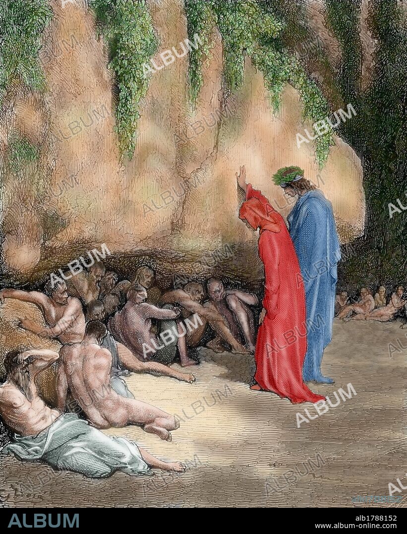 "LA DIVINA COMEDIA". Poema escrito en toscano donde se relata el viaje de su autor, DANTE ALIGHIERI, para llegar a la CONTEMPLACION DIVINA. "DESCUBRIMOS UNAS CUANTAS PERSONAS DETRAS DE LA PEÑA... " (Purgatorio, c. IV). Grabado de Gustave DORE. Coloreado.