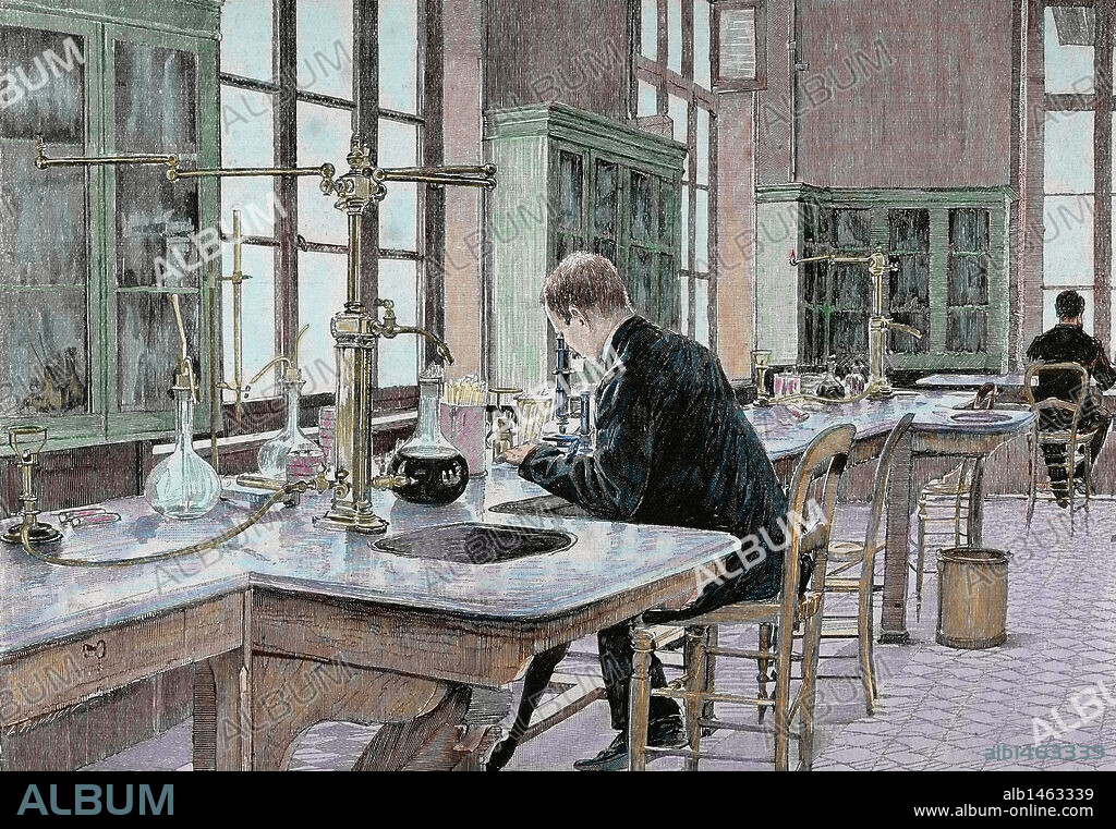 LOUIS PASTEUR (1822-1895). Químico y bacteriólogo francés. "INSTITUTO PASTEUR". Centro de investigaciones microbiológicas, médicas y de biología general, con sede en París y filiales en diversas partes del mundo. Inaugurado en 1888, se creó a partir de una suscripción internacional. "ESTUDIO Y CULTIVO DE MICROBIOS EN EL INSTITUTO PASTEUR". Grabado coloreado.