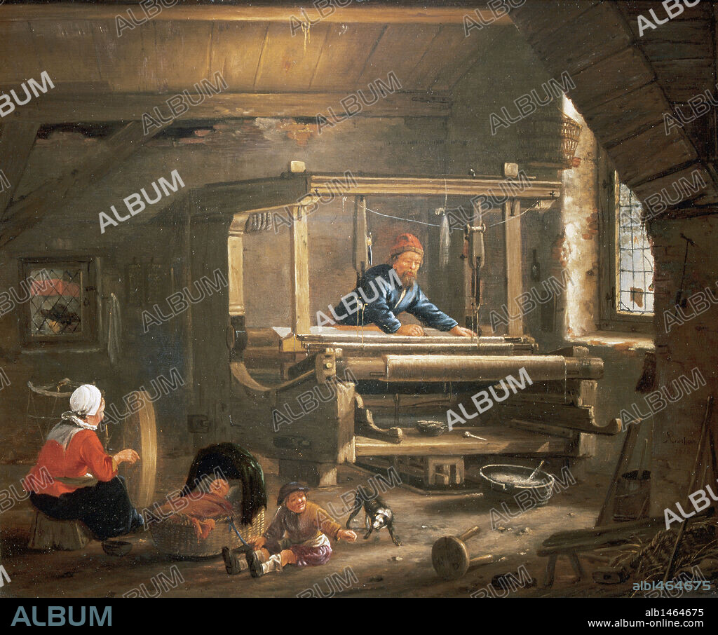 ARTE BARROCO. HOLANDA. ROMBOUTS, Gillis Salomonsz (Haarlem, 1631-1672). Pintor holandés. "EL TALLER DE UN TEJEDOR" (1656). Oleo de 32 x 38,5 cm. Frans Hals Museum. Haarlem.