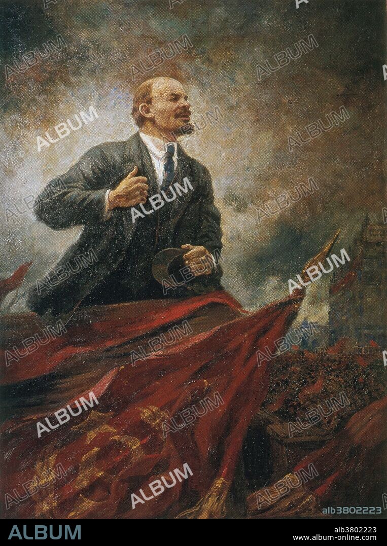 "Lenin on the Podium", painted posthumously in 1929 by Aleksandr Gerasimov. Vladimir Ilyich Lenin (April 22, 1870 - January 21, 1924) was a Russian Marxist revolutionary, communist politician, Marxist theoretician, and first premier of the Soviet Union. In 1903 he formed the Bolsheviks and led them in the 1917 October Revolution, which established the Soviet Government. He adopted the New Economic Policy (1921) after the Civil War had led to the virtual collapse of the Russian economy and formed the Comintern in 1919. He was a gifted, charismatic orator and his extensive theoretic and philosophical developments of Marxism produced Marxism-Leninism, the pragmatic Russian application of Marxism. He stressed bold, revolutionary action and insisted that a strong Communist party would be needed in a Marxist nation to direct the efforts of the workers. In May 1922, he suffered a stroke, which left him unable to speak for weeks. By August he resumed limited duties. In December 1922, he suffered a second stroke that partly paralyzed his right side. In March 1923, he suffered a third stroke; Lenin was mute and bed-ridden until his death but officially remained the leader of the Communist Party. He died in 1924 at the age of 53.