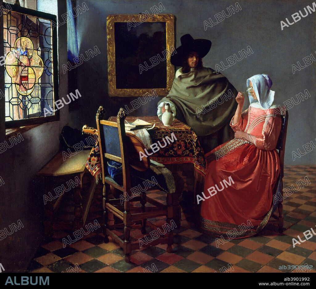 JAN VERMEER. The Glass of Wine. Date/Period: Ca. 1661. Painting. Oil on canvas. Height: 67.7 cm (26.6 in); Width: 79.6 cm (31.3 in).